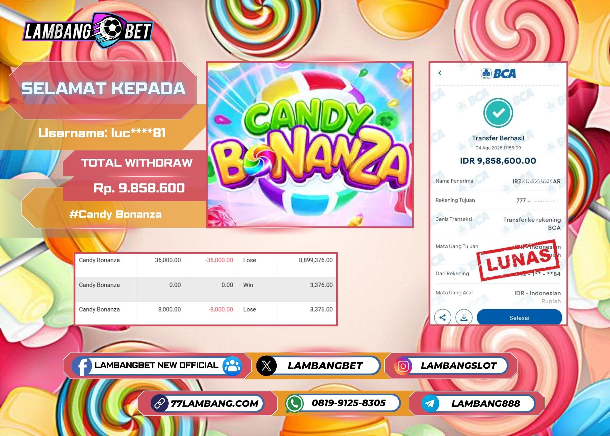LAMBANGBET [4 AUGUST 2025] JACKPOT SLOT Candy Bonanza "Rp9.858.600" LUNAS